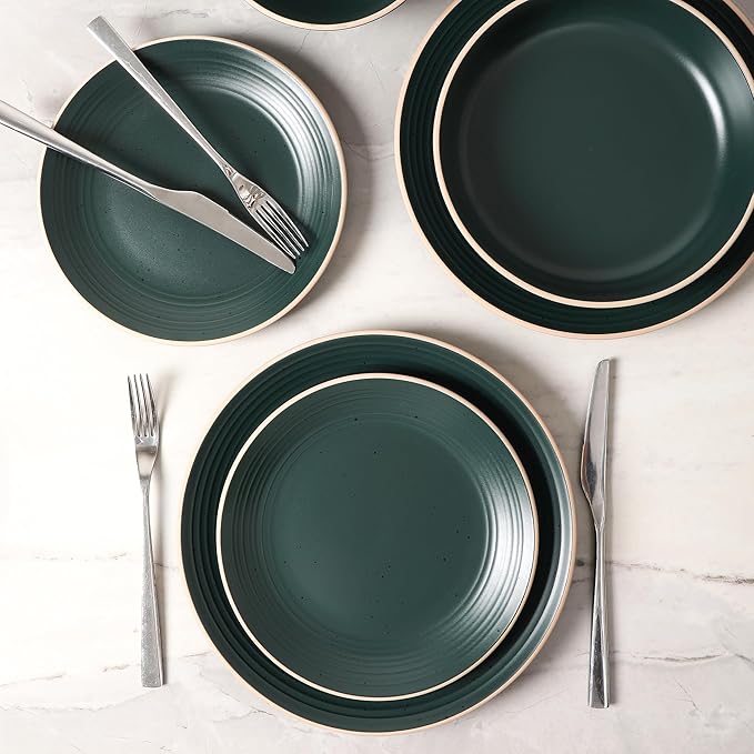 Stone Lain Lauren Modern Stoneware 16-piece Round Dinnerware Set, Plates and Bowls Set, Dish set for 4, Dark Green