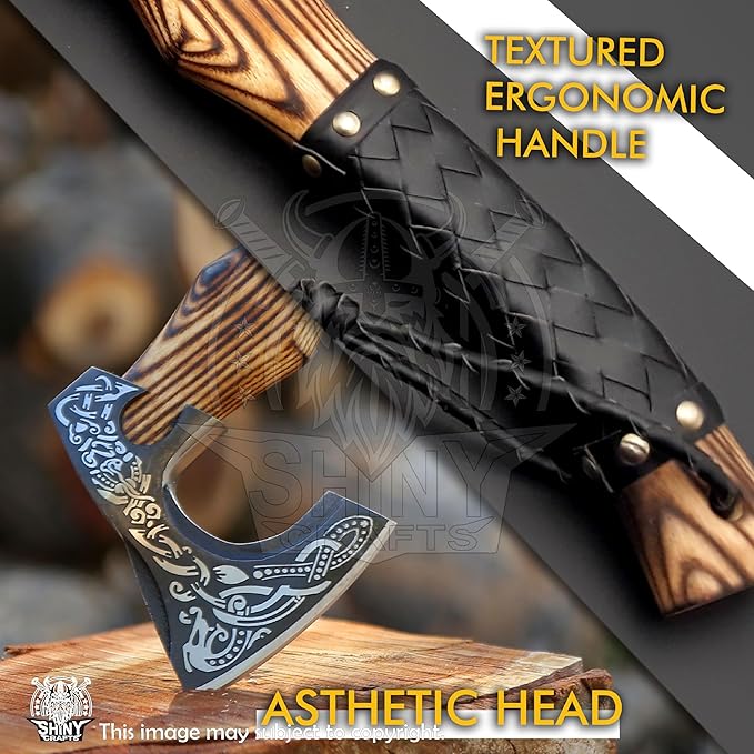 SHINY CRAFTS®- Hand-Forged Viking Axe for Men Leather-Wrapped Handle & Sheath Great for Birthdays, Holidays, or Weddings (SCA-19)