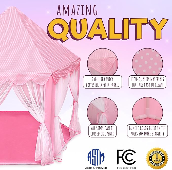 ORIAN Princess Castle Playhouse Tent for Girls with LED Star Lights – Indoor & Outdoor Large Kids Play Tent for Imaginative Games – ASTM Certified, 230 Polyester Taffeta. Pink 55"x53".