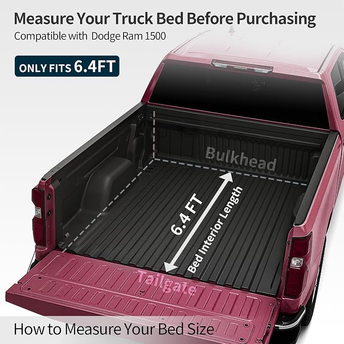 OEDRO Low-Profile Hard Quad-Fold Tonneau Cover Compatible with Dodge Ram 1500 New Body 2019 2020 2021 2022 2023 2024 2025 2026 6.4ft Bed Without Rambox, One-Handed Quick Release, Drainage Design