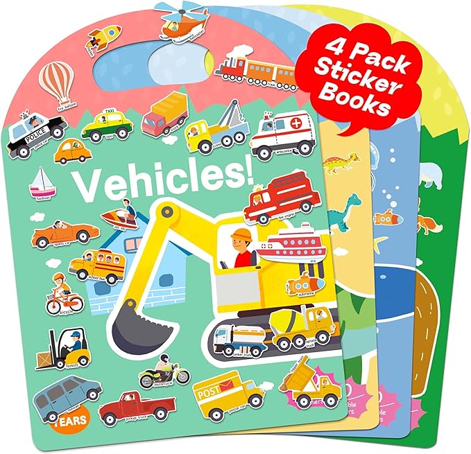 4 Sets Sticker Books for Toddlers 3+ Years, 122 Pcs Puffy Stickers for Kids, 3D Sticker Books for Toddlers, Toddler Airplane Travel Essentials for Kids