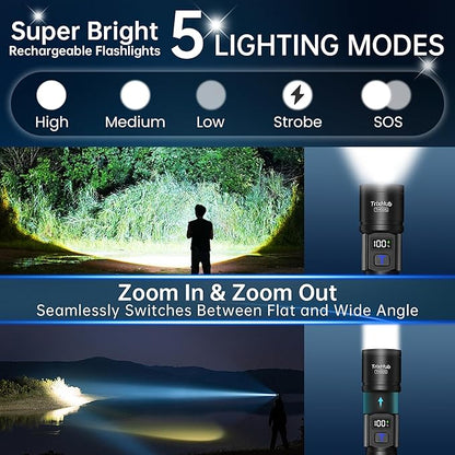 Rechargeable Flashlights 2 Pack, Super Bright High Lumens Flash Light, 5 Modes Zoomable Linternas with LCD Digital Display, Powerful Handheld LED Flashlights for Emergencies Camping