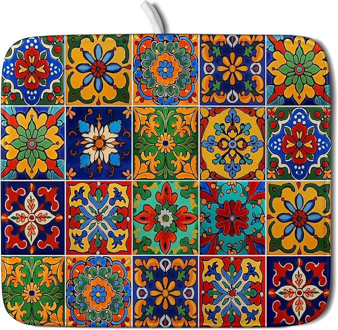 Mexican Tiles Dish Drying Mat for Kitchen Counter Absorbent Microfiber Dish