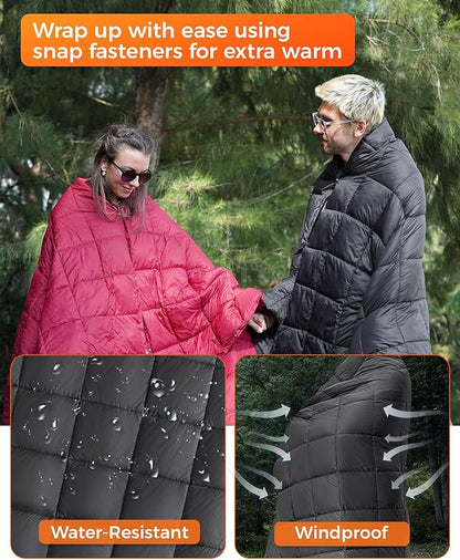 KingCamp Ultralight Camping Blanket, Packable Down Alternative Puffy Wearable Blankets Weatherproof Warm Package Quilt with Snap Buttons for Outdoor Hiking Travel Picnic Stadium (79" x 57", BLACK)