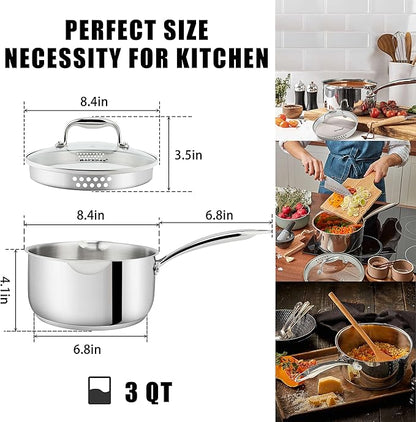 Rorence 3-Quart Saucepan with Lid: Pour and Strain Stainless Steel Sauce Pan