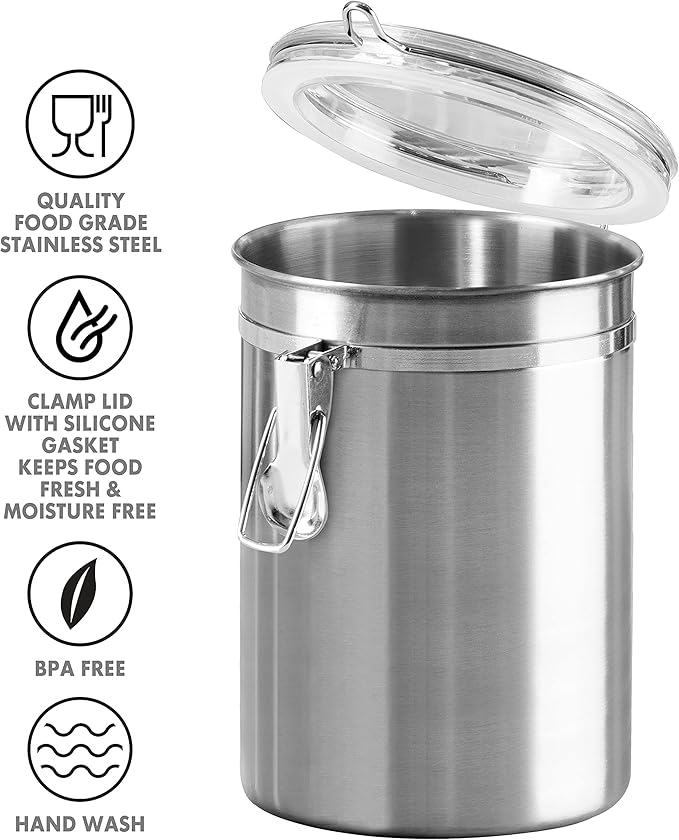 OGGI Stainless Steel Kitchen Canister 52 fl oz - Airtight Clamp Lid, Clear See-Thru Top - Ideal for Kitchen Storage, Food Storage, Pantry Storage. Large Size 5" x 6".