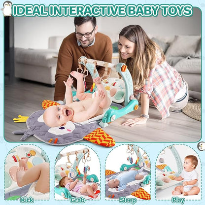 deAO Baby Play Mat Gym Tummy Time Mat Infant Play Center and Baby Activity Mat Baby Learning Walker Detachable Play Piano and Rattles, Baby Gifts for Babies 0-12+ Months, Penguin