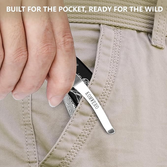 KOMWERO Damascus Pocket Knife with 2.95" VG10 Steel Blade, Folding Knife with Aluminum Alloy Non-Slip Handle, EDC Knife with Leather Sheath and Pocket Clip for Men Women Camping Survival Hiking