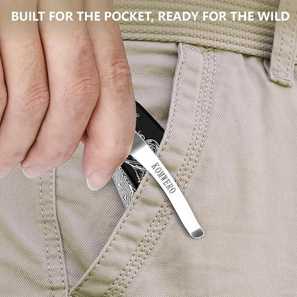 KOMWERO Damascus Pocket Knife with 2.95" VG10 Steel Blade, Folding Knife with Aluminum Alloy Non-Slip Handle, EDC Knife with Leather Sheath and Pocket Clip for Men Women Camping Survival Hiking