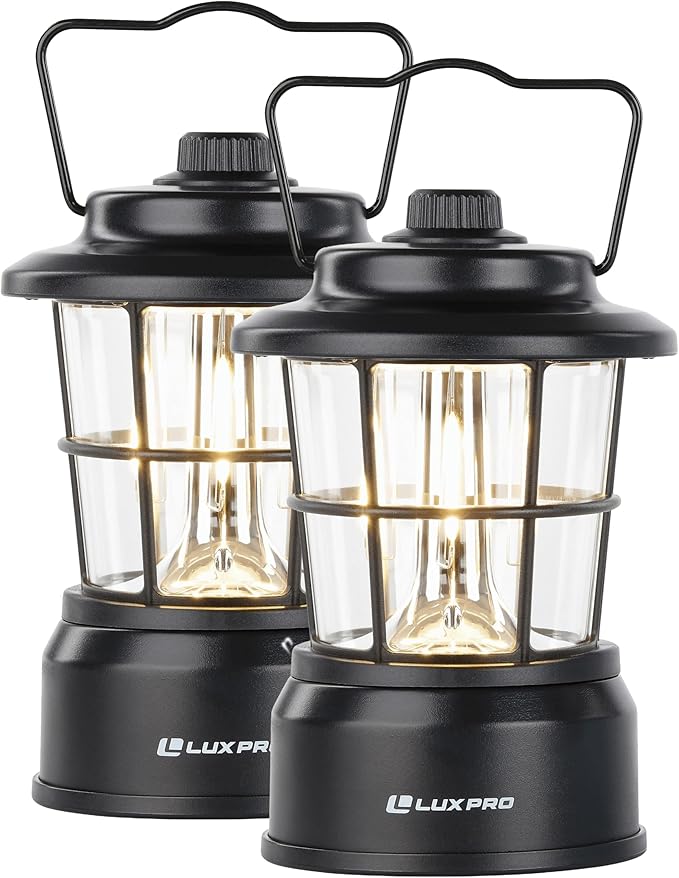 LUXPRO Retro LED Lantern - Battery-Powered Emergency Lantern - Water Resistant - Bright LED Lamp for Indoor & Outdoor Use - Use for Tents, Hiking or Hurricane Prep (Blac, Pack of 2)