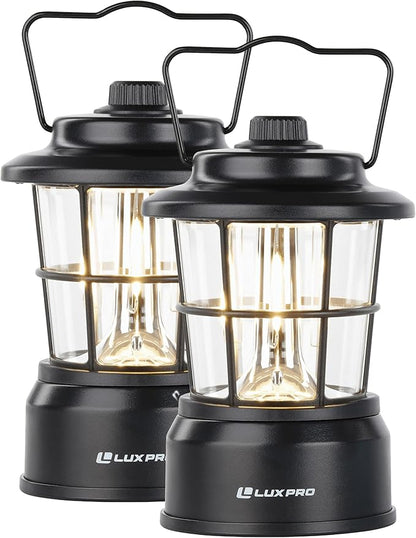 LUXPRO Retro LED Lantern - Battery-Powered Emergency Lantern - Water Resistant - Bright LED Lamp for Indoor & Outdoor Use - Use for Tents, Hiking or Hurricane Prep (Blac, Pack of 2)