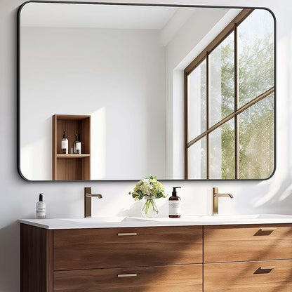Large Bathroom Mirror, 60 x 40 inch Black Rectangle Mirror, Metal Framed