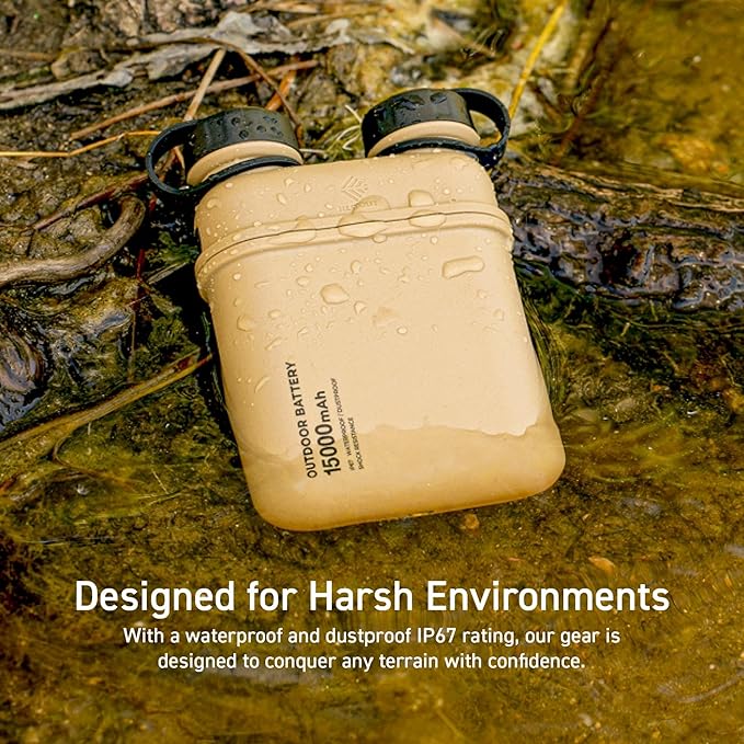 ELECOM NESTOUT Rugged Power Bank, 15000mAh Outdoor Charger, 32W USB C Fast Charging PD, Waterproof IP67, Heavy Duty Shockproof, Tactical Battery Pack for iPhone Tablet Hiking Camping Survival (Beige)