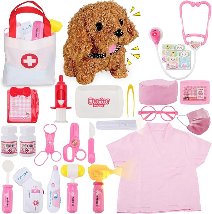 Toy Doctor Kit for Girls - TEUVO Pretend Play Doctor Set with Dog Toy, Carrying Bag, Stethoscope, Dress Up Costume - Toys Doctor Play Birthday Gift for Kids Toddlers 2 3 4 5 6 7 Year Old for Role Play