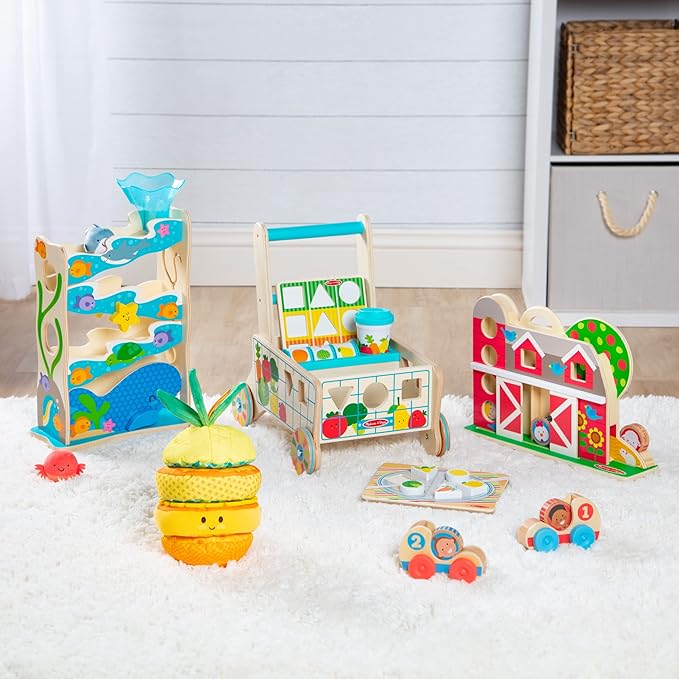 Melissa & Doug Wooden Shape Sorting Grocery Cart Push Toy and Puzzles - Pretend Play Grocery Toys, Sorting and Stacking Toys for Infants and Toddlers Ages 1+ - FSC-Certified Materials