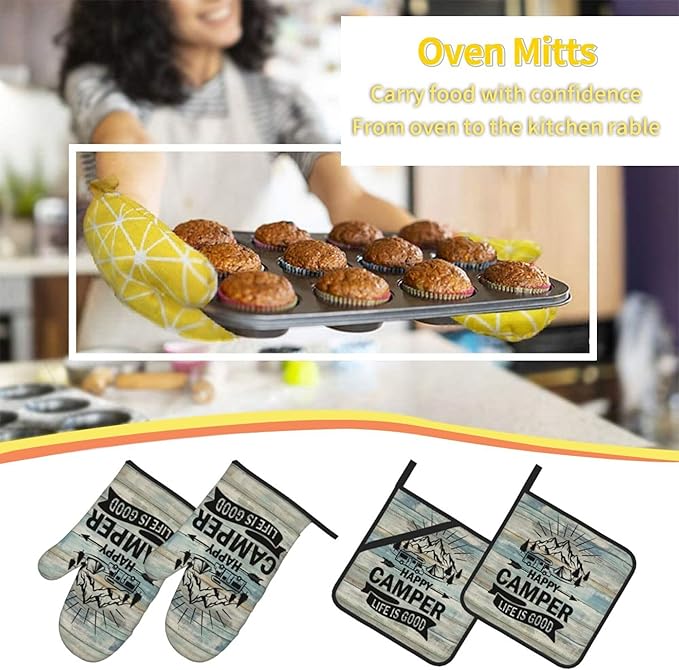 Happy Camper Oven Mitts and Pot Holders Sets of 4, Resistant Hot Pads