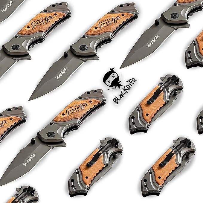 BlacKnife Folding Pocket Knife with Wooden Handle and Clip – Ideal Knife for Camping, Hunting, DIY, (Best Grandpa Ever)