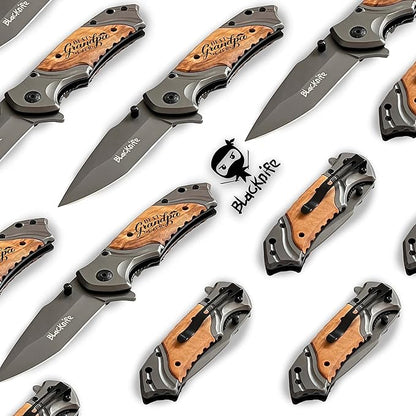 BlacKnife Folding Pocket Knife with Wooden Handle and Clip – Ideal Knife for Camping, Hunting, DIY, (Best Grandpa Ever)