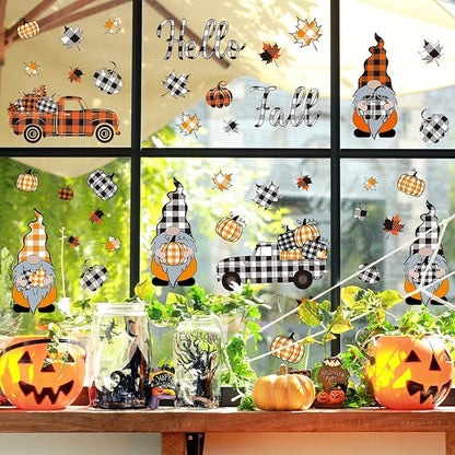 Whaline 9 Sheet Fall Halloween Window Clings Plaid Gnome Pumpkin Truck Maple Leaf Reusable Window Decals for Autumn Thanksgiving Harvest Party Home School Decor