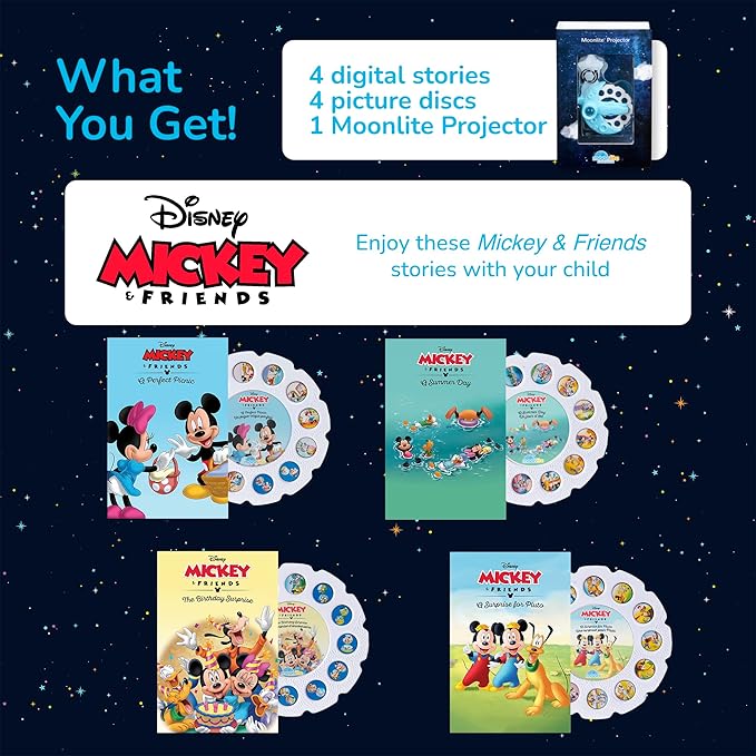 Moonlite Storytime Mini Projector with 4 Mickey Mouse and Friends Stories, A Magical Way to Read Together, Digital Storybooks, Fun Sound Effects, Learning Gifts for Kids Ages 1 and Up