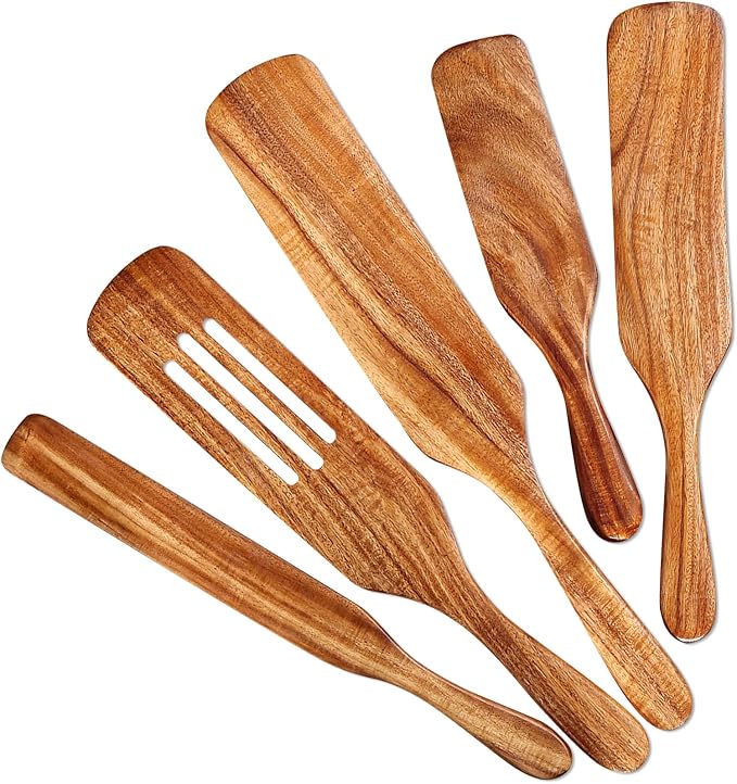 5Pcs Wooden Spurtle Set, Natural Acacia Wood Kitchen Utensils Set