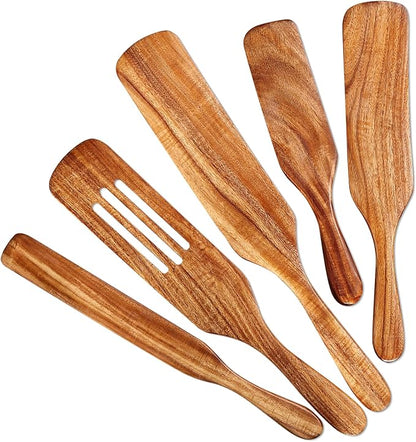 5Pcs Wooden Spurtle Set, Natural Acacia Wood Kitchen Utensils Set