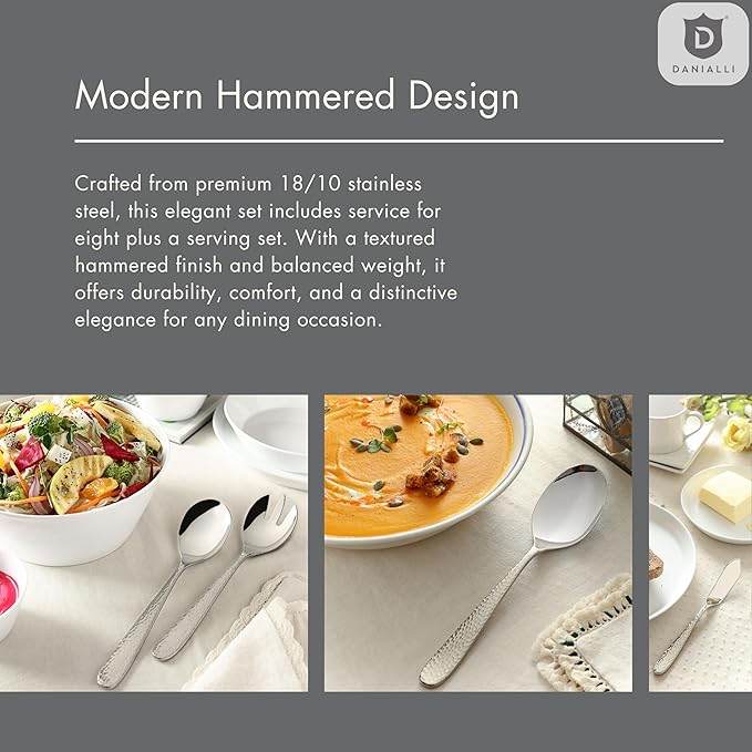 Hammered Silverware Set with Serving Utensils, 18/10 Stainless Steel Flatware for 8, Dishwasher Safe, Mirror Finish, Heavy-Duty, Built to Last (45-Piece Including a Serving Set, Fidenza Hammered)