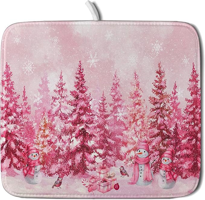 Pink Winter Dish Drying Mat Forest Washable Drying Matt Kitchen Counter