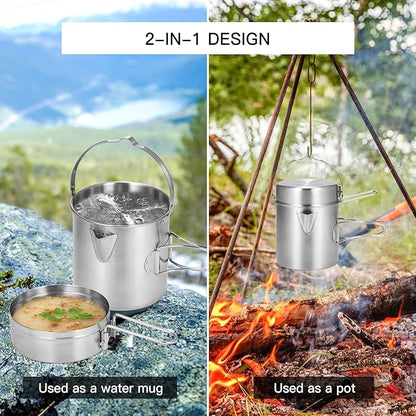 Lixada Camping Cooking Kettle 1L Stainless Steel Pot with Foldable Handle and Dual Use Cover Portable for Hiking Backpacking Picnic