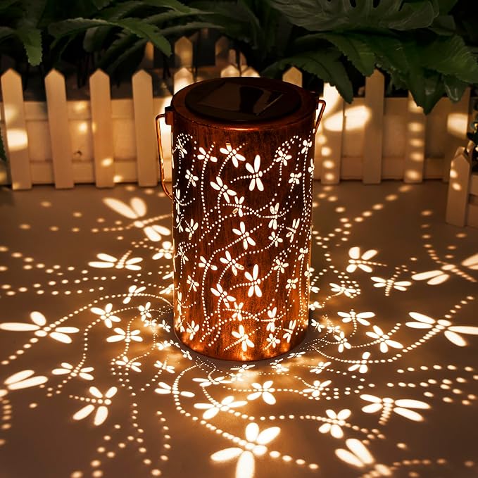 Birthday Gifts for Women,Solar Lanterns Outdoor Hanging Lantern Lights, Dragonfly Hollowed-Out Metal Decor Lantern, Waterproof LED Decorative Garden Light - Delicate Garden Decoration for Patio, Yard