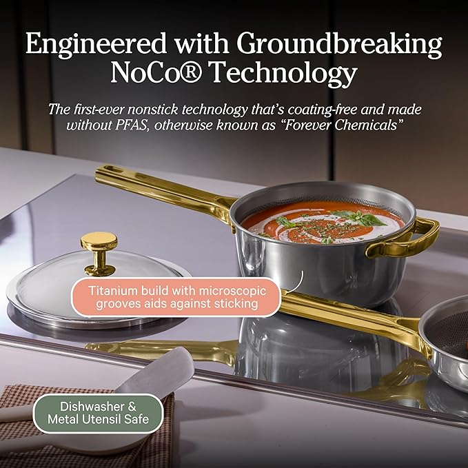 Our Place Titanium Mini Perfect Pot Pro - 2.75 Qt No-Coating Nonstick Pot | Tri-Ply Titanium & Stainless Steel | Oven-Safe up to 750°F & Compatible with All Cooktops | Gold