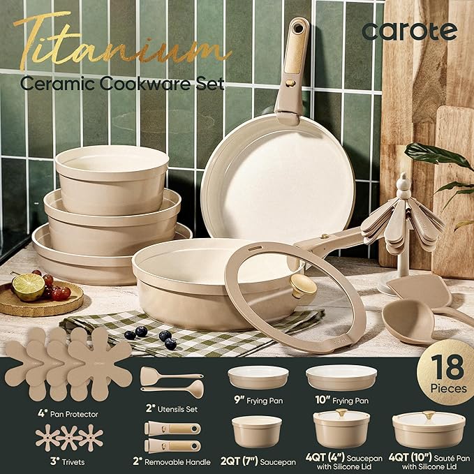 CAROTE 18 Pcs Ceramic Cookware Set Titanium Nonstick