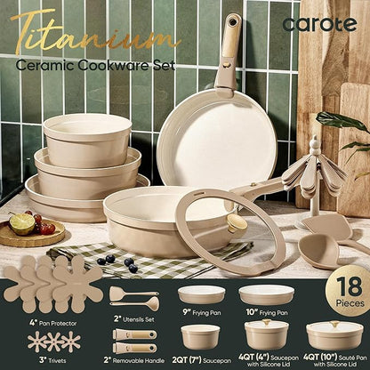 CAROTE 18 Pcs Ceramic Cookware Set Titanium Nonstick