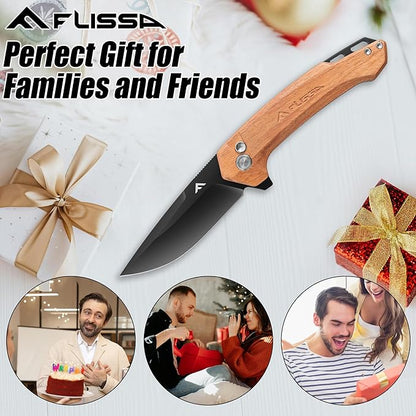 FLISSA Pocket Folding Knife, 3.2??D2 Blade Wood Handle EDC Knife with Button Lock and Pocket Clip for Hiking, Camping, Outdoor Activities