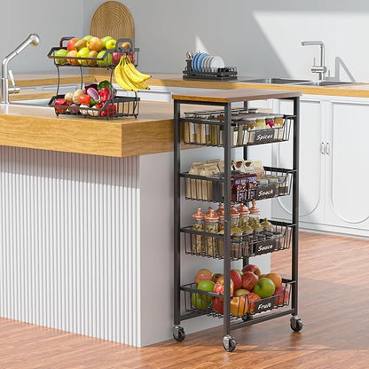Kitchen Storage Cart with Wheels, 5-Tier Metal Utility Rolling Cart Fruit