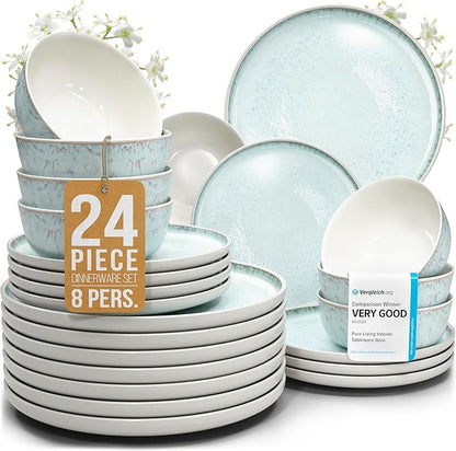 Stoneware dinnerware set 8 persons 24 pcs – Modern style plates and bowls set ceramic – Microwave safe dinner plates and bowls set – Bowl and plate set – Dinner service Pure Living beige & light blue