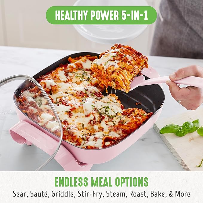 GreenLife12" 5QT Square Electric Skillet, Glass Vented Lid, Ceramic PFAS-Free