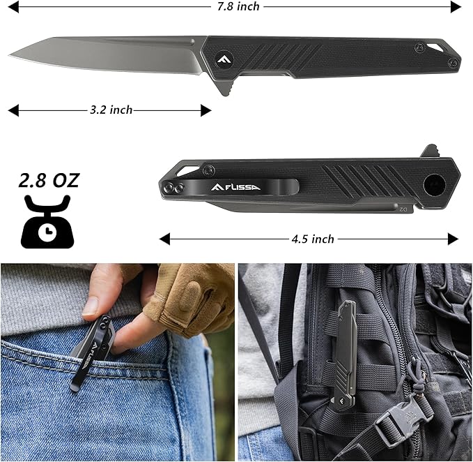 FLISSA Folding Knife, Pocket Knife with D2 Steel Blade, G10 Handle, Pocket Clip, Lightweight for Camping, Tactical, Hiking, Hunting, EDC, Daily Use, Outdoor Activities(Black)