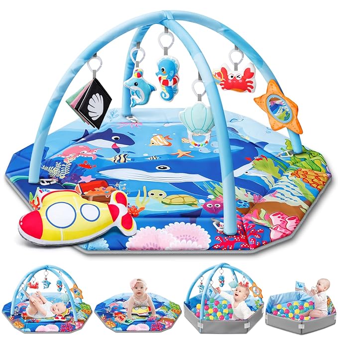 Baby Gym Play Mat, 8-in-1 Ocean Theme Tummy Time Mat & Ball Pit, Washable Baby Activity Play Mat for Visual, Hearing, Sensory, Motor Development, Baby Toys Gift for Toddler Infant 0-3-6-9-12-18 Months
