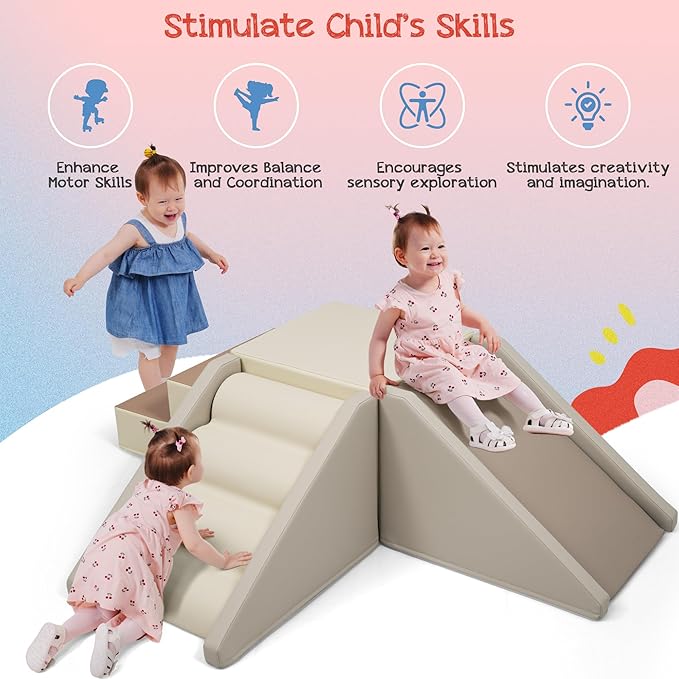 Merax Indoor Climbing Toys for Toddlers, 9-Piece Foam Climbing Blocks Climb & Crawl Tunnel Soft Play Set (9-Piece Cappuccino)