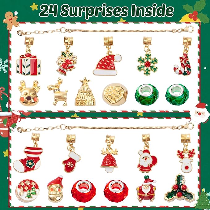 Christmas Advent Calendar Bracelets 2025 for 24 Days Xmas Countdown Calendar DIY Jewelry Making Kit Gift 22 Charm Beads 2 Bracelets for Women