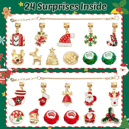 Christmas Advent Calendar Bracelets 2025 for 24 Days Xmas Countdown Calendar DIY Jewelry Making Kit Gift 22 Charm Beads 2 Bracelets for Women