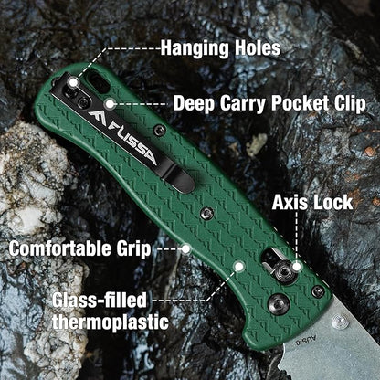 FLISSA 4.5" Folding Pocket Knife, Lightweight EDC Pocket Knife with Axis Lock, 3.2" AUS-8 Steel Blade, Sharp Camping Hiking Knife with Pocket Clip, Unique Tool Gift for Men, Dad (Green)