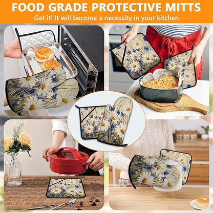 Daisy Flowers Oven Mitts and Pot Holders Sets 4Pcs, Extra Long Oven Gloves
