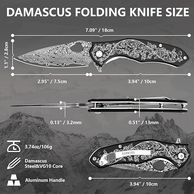 KOMWERO Damascus Pocket Knife with 2.95" VG10 Steel Blade, Folding Knife with Aluminum Alloy Non-Slip Handle, EDC Knife with Leather Sheath and Pocket Clip for Men Women Camping Survival Hiking