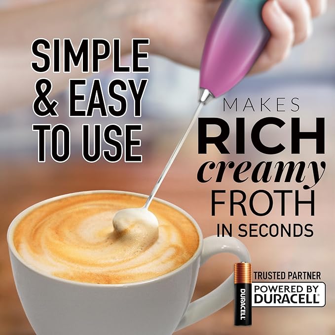 Zulay Kitchen Handheld Milk Frother with Duracell AA Batteries – Ultra Fast Electric Mixer & Foam Maker, Easy-Clean Drink Mixer for Coffee & More - Teal Pink Fade