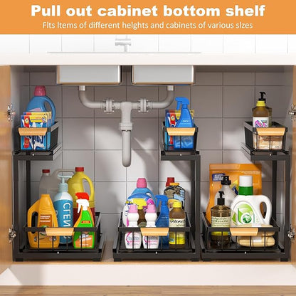 Under Sink Organizer, 2 Tier Under Sink Organizers and Storage, Slide Out Pull Out Cabinet Organizer Shelf, Metal Sliding Drawer for Kitchen Bathroom Pantry Cabinet Closet Organization Rack
