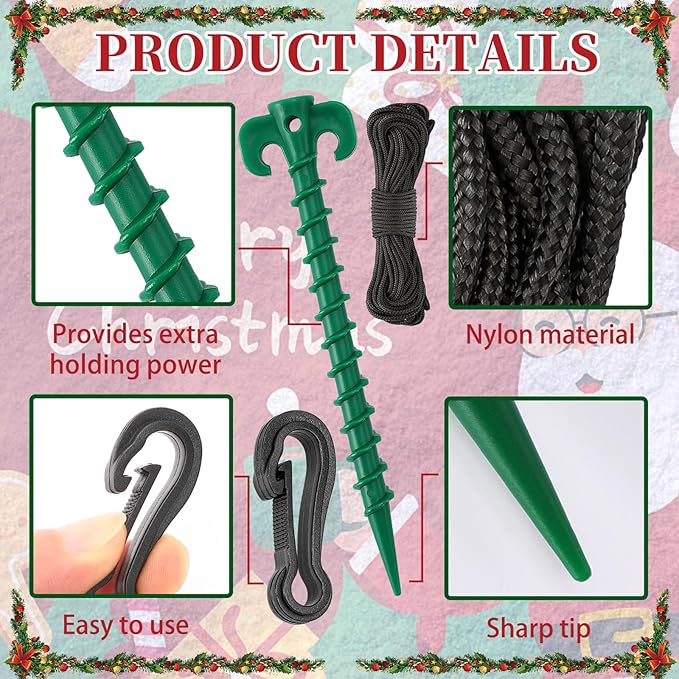 AUGSUN 27 Pieces Plastic Inflatable Stakes Set, Include Tent Stakes, Tethers Ropes and Hooks Heavy Duty Garden Yard Stakes for Christmas Outdoor Decorations (Green)