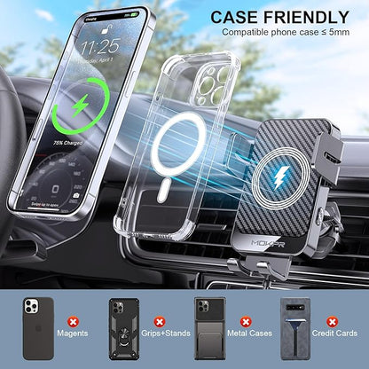 Wireless Car Charger, MOKPR 15W Fast Charging Auto-Clamping Car Charger Phone Mount Air Vent Cell Phone Holder Compatible iPhone 16/15/14/13/13 Pro/12 pro/12/11, Samsung Galaxy S23/S22/S21/S20, etc