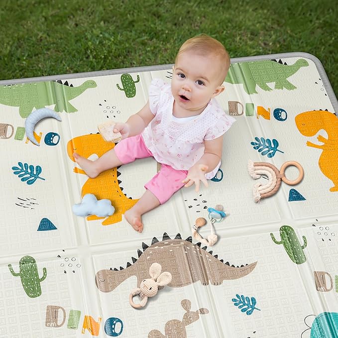 Foldable Baby Play Mat, PIGLOG 0.6in Thick Waterproof Playmats for Babies and Toddlers Kids, Safe Foam Playmat for Tummy Time, 50x50 Playpen Mat, Reversible Portable Floor Mat for Infant, Dinosaur